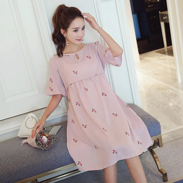 Robe de grossesse et d'allaitement en coton et lin - Bleu/Rose