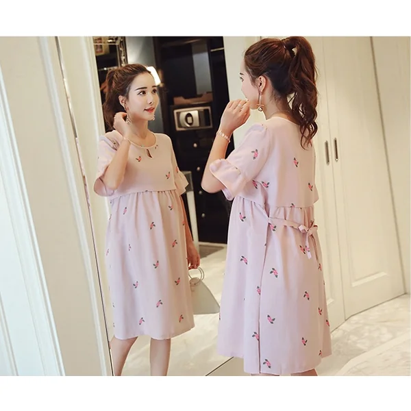 Robe de grossesse et d'allaitement en coton et lin - Bleu/Rose