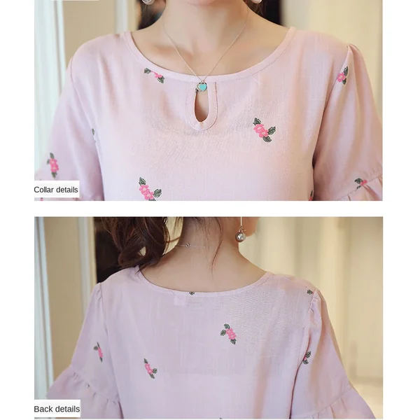 Robe de grossesse et d'allaitement en coton et lin - Bleu/Rose