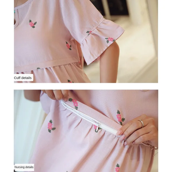 Robe de grossesse et d'allaitement en coton et lin - Bleu/Rose