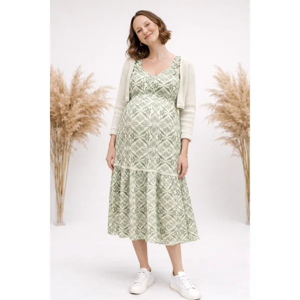 Robe de grossesse verte olive à motif floral – coupe confortable et féminine