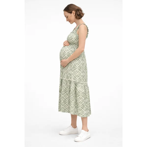 Robe de grossesse verte olive à motif floral – coupe confortable et féminine