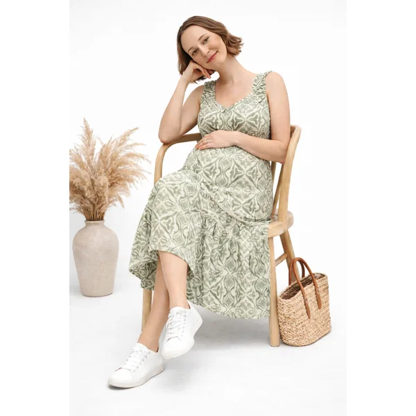 Robe de grossesse verte olive à motif floral – coupe confortable et féminine
