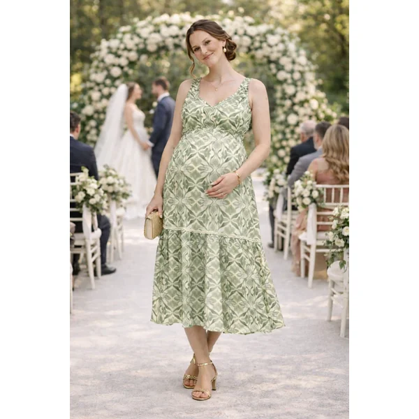 Robe de grossesse verte olive à motif floral – coupe confortable et féminine