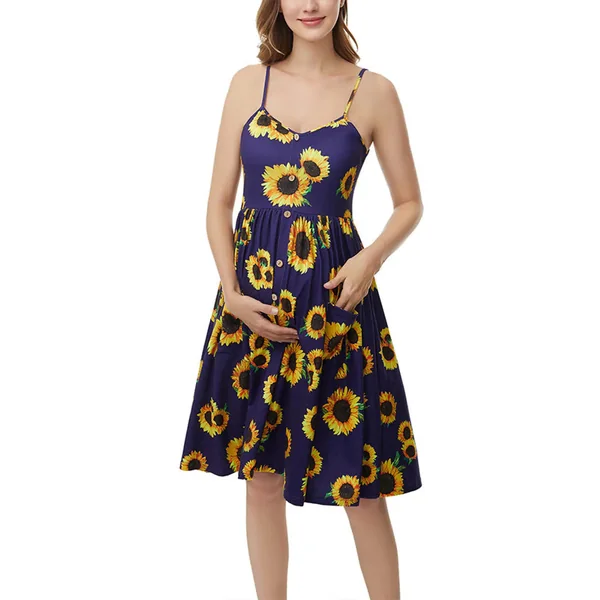 Robe de Grossesse à Bretelle Imprimé Tournesol