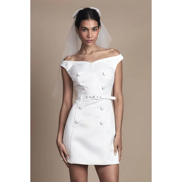 Robe de Mariée Courte Bardot Cintrée à Détails Boutonnés