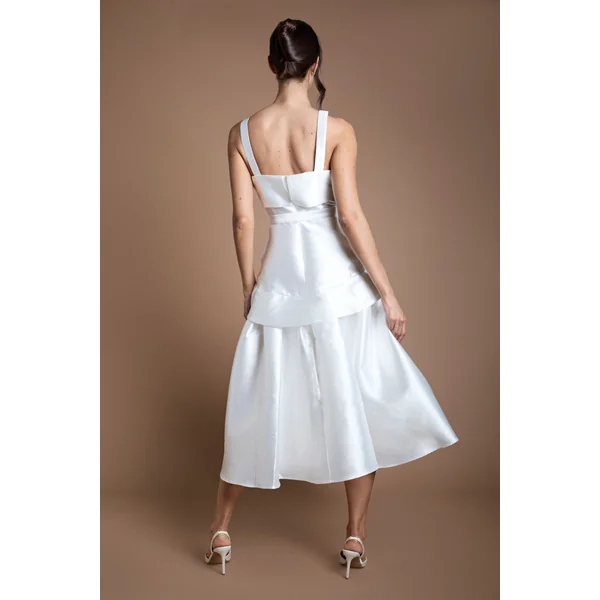 Robe De Mariée Midi Lisa Beige En Sergé Volumineuse Avec Ceinture