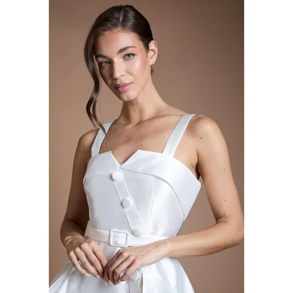 Robe De Mariée Midi Lisa Beige En Sergé Volumineuse Avec Ceinture