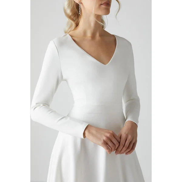Robe de Mariée Mi-Longue Col V à Jupe Évasée