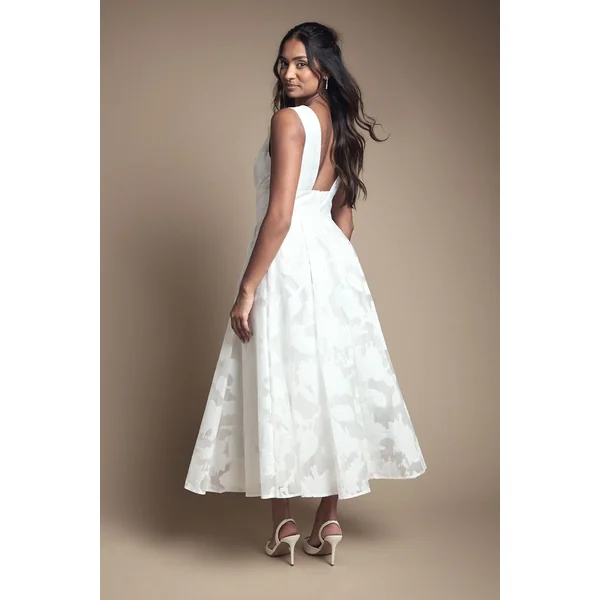 Robe de Mariée Mi-Longue Jacquard à Décolleté Plongeant