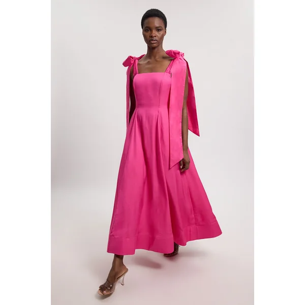 Robe De Soirée Tissée Petite À Bretelles Nouées En Viscose Lin