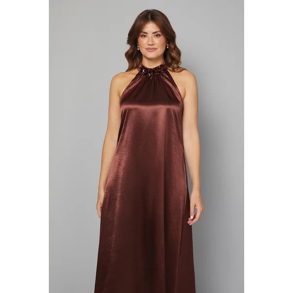 Robe Dos Nu en Satin avec Ornements Floraux au Col