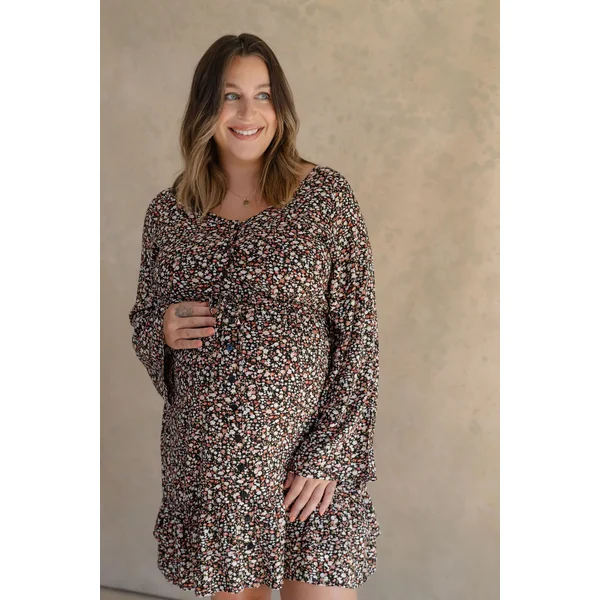 Robe fleurie à manches longues - noir