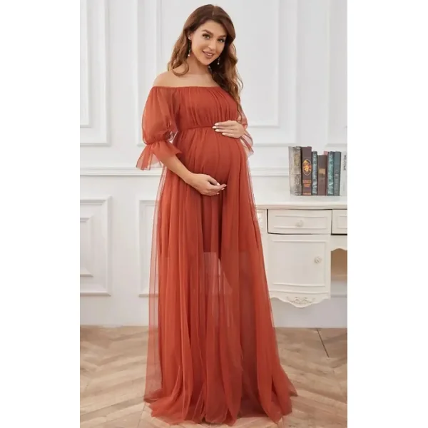 Robe Grossesse Cérémonie Rouge en Tulle