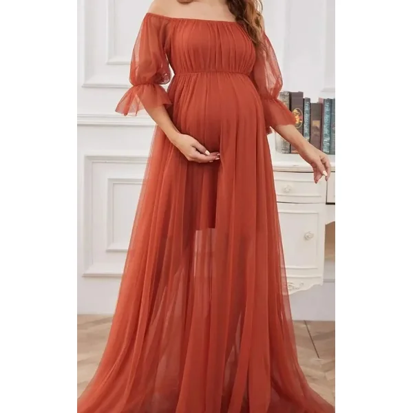 Robe Grossesse Cérémonie Rouge en Tulle