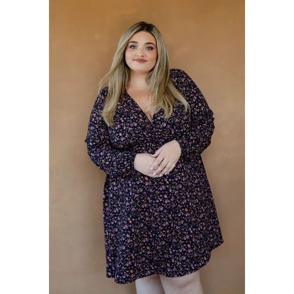 Robe LOLITA (taille élastique/manches bouffantes) - à fleurs noir & rose