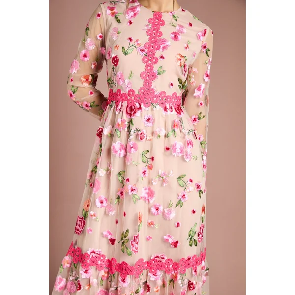 Robe Longue Brodée à Motifs Floraux