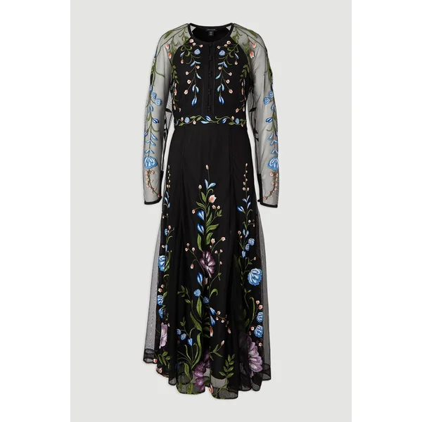 Robe Longue Ceinturée en Maille Tissée avec Broderies Florales Placées