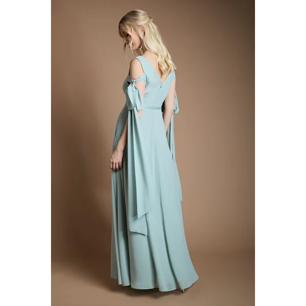 Robe Longue De Demoiselle D'honneur En Mousseline À Manches Nœud