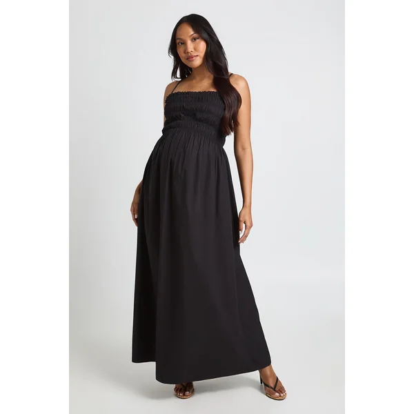 Robe Longue De Maternité En Popeline De Coton Froncée À Bretelles