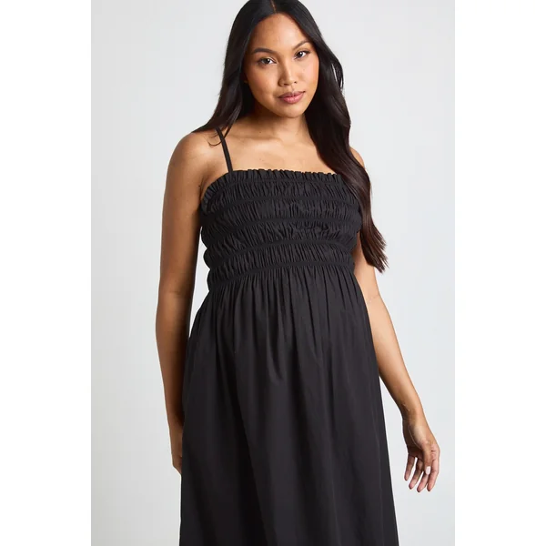 Robe Longue De Maternité En Popeline De Coton Froncée À Bretelles