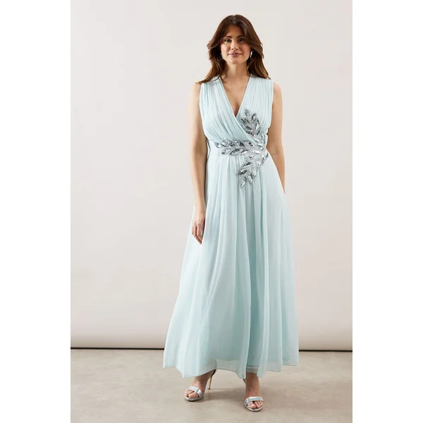 Robe Longue en Georgette à Encolure Portefeuille Ornée de Perles
