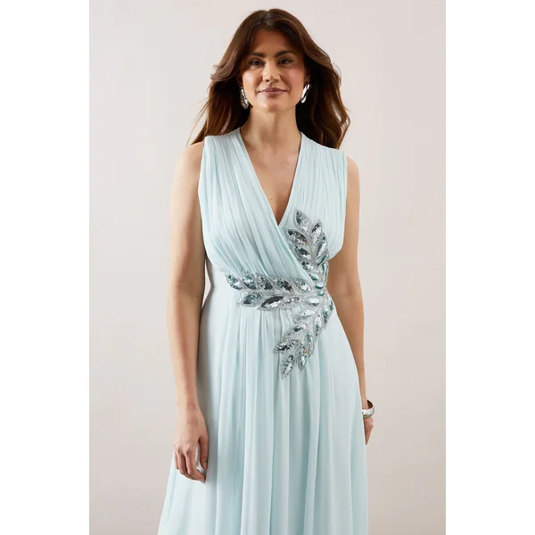 Robe Longue en Georgette à Encolure Portefeuille Ornée de Perles
