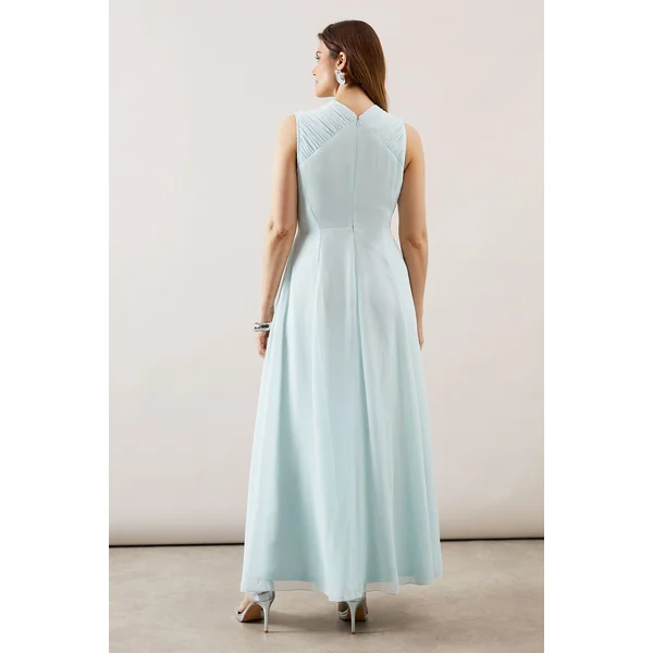 Robe Longue en Georgette à Encolure Portefeuille Ornée de Perles