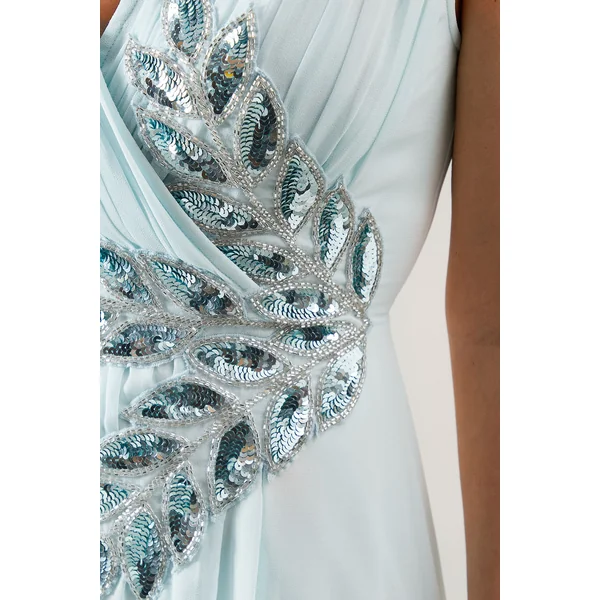 Robe Longue en Georgette à Encolure Portefeuille Ornée de Perles