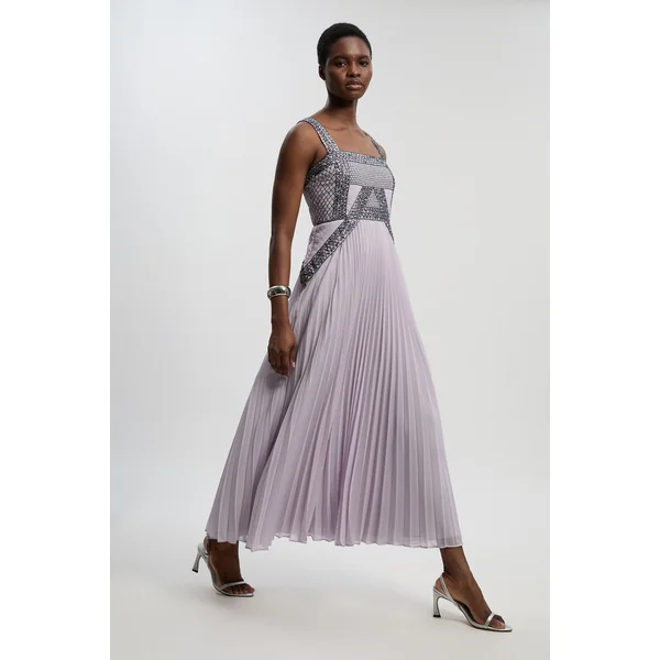 Robe Longue Plissée Ornée De Perles Pour Femme Petite Taille