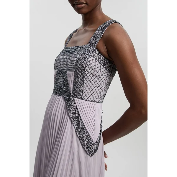 Robe Longue Plissée Ornée De Perles Pour Femme Petite Taille