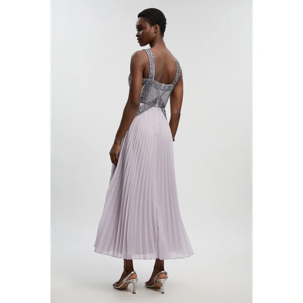 Robe Longue Plissée Ornée De Perles Pour Femme Petite Taille