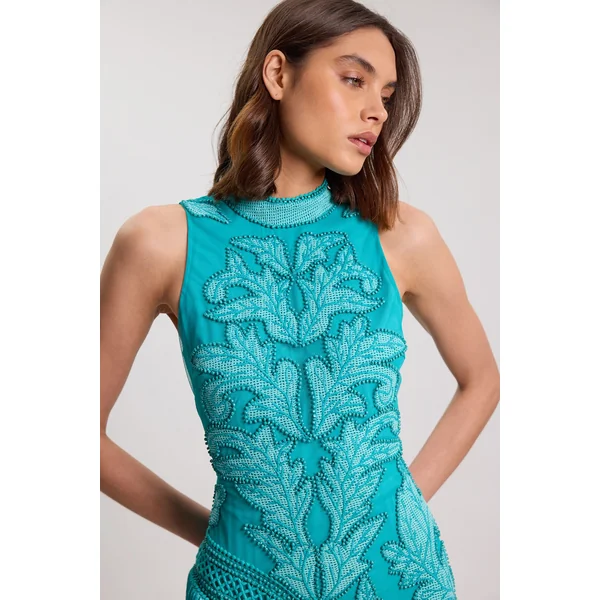 Robe Longue Tissée Asymétrique À Franges Et Perles Avec Encolure Dos-nu