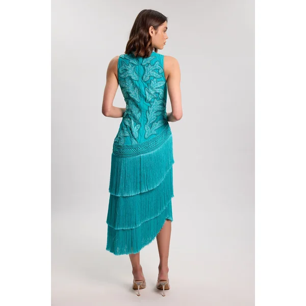 Robe Longue Tissée Asymétrique À Franges Et Perles Avec Encolure Dos-nu