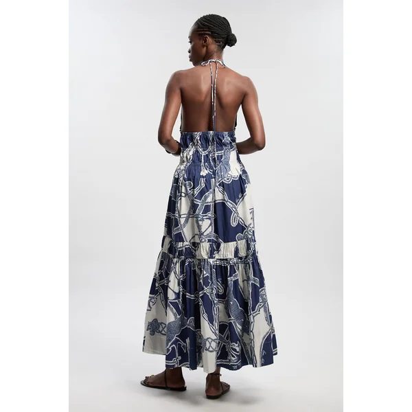 Robe Longue Tissée À Col Licou À Volants En Coton Avec Imprimé Chaîne Petite