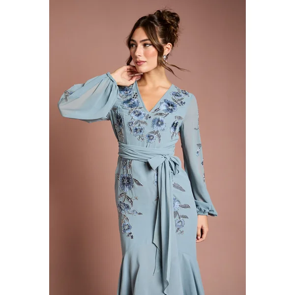 Robe Maxi Asymétrique Ornée de Sequins et Broderies
