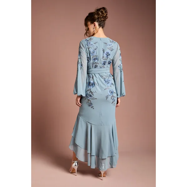 Robe Maxi Asymétrique Ornée de Sequins et Broderies