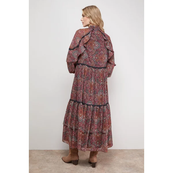 Robe Maxi Bohème Imprimée à Détail Cape et Finitions Dentelle