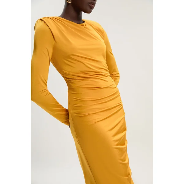 Robe maxi en jersey crêpe à manches longues et froncée