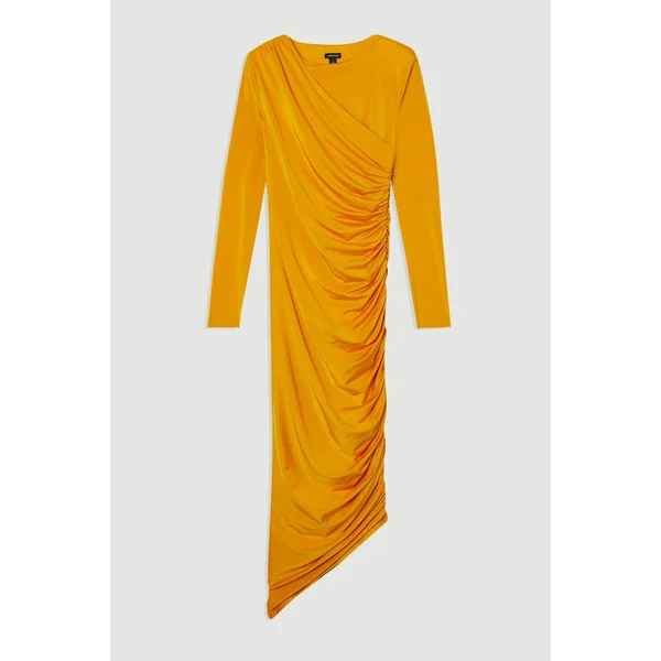 Robe maxi en jersey crêpe à manches longues et froncée