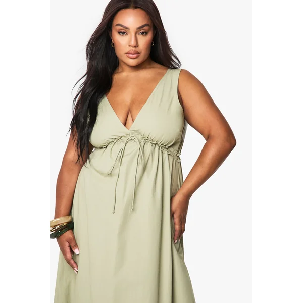 Robe maxi en popeline de coton à effet froncé avec détail de nœud