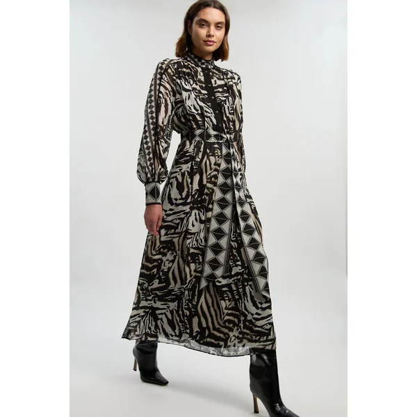 Robe Maxi Longue Ceinturée En Georgette De Viscose Tissée À Imprimé Animal
