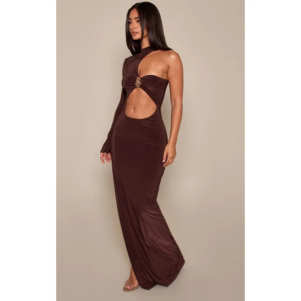 Robe Maxi Moulante Petite À Manches Longues Avec Découpes Et Détails Bordés
