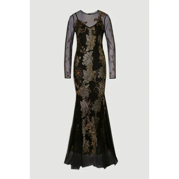 Robe Maxi Petite en Georgette Métallisée Tissée avec Appliqués Floraux