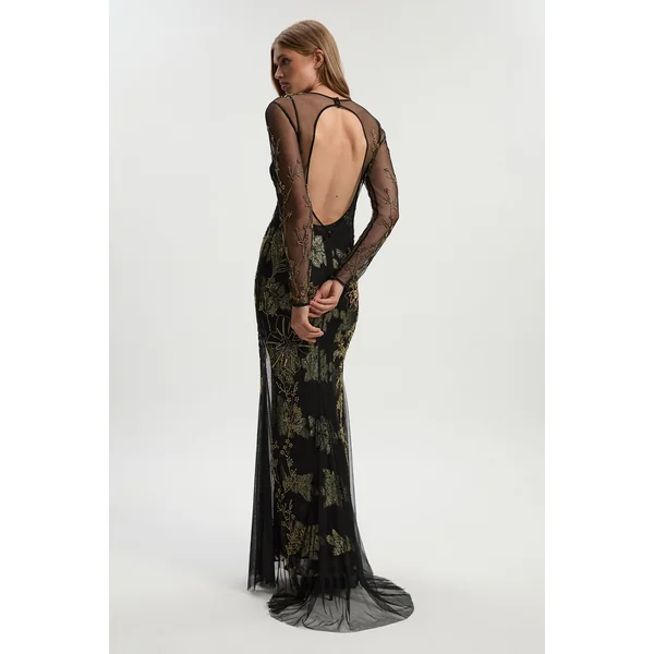 Robe Maxi Petite en Georgette Métallisée Tissée avec Appliqués Floraux