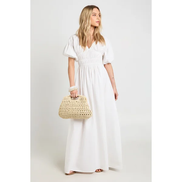 Robe Maxi Petite En Popeline De Coton À Corsage Froncé Col En V Et Manches Bouffantes