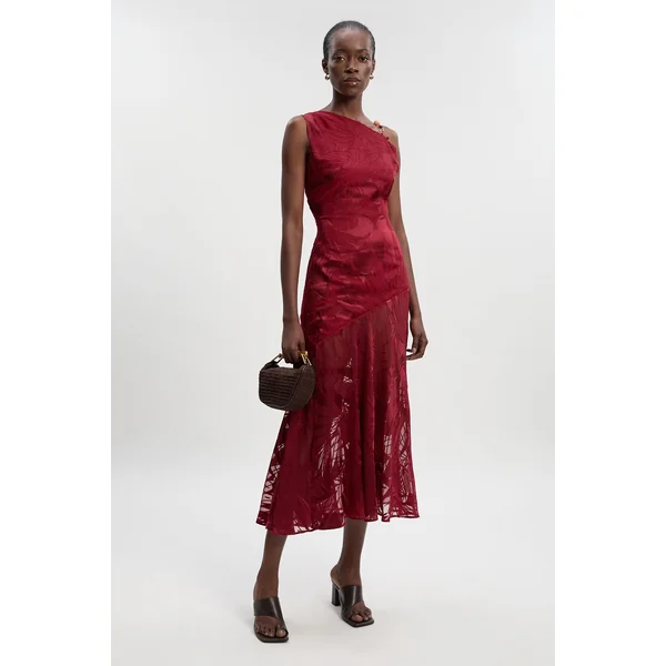 Robe Maxi Tissée Asymétrique Petite Devoure avec Détails de Finition