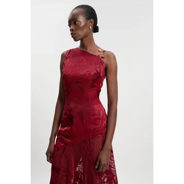 Robe Maxi Tissée Asymétrique Petite Devoure avec Détails de Finition