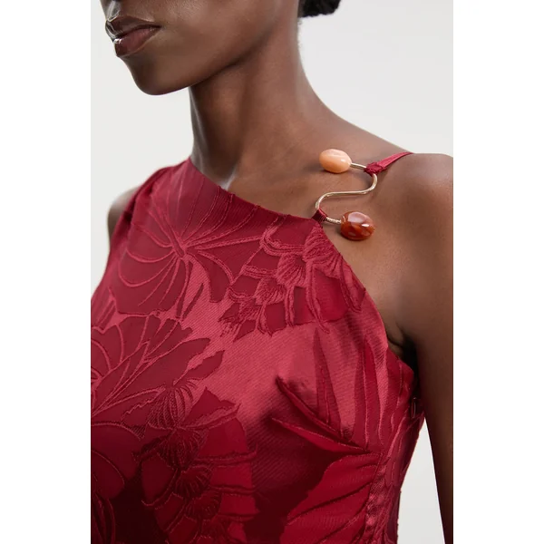 Robe Maxi Tissée Asymétrique Petite Devoure avec Détails de Finition
