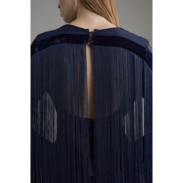 Robe maxi tissée en velours dévore à franges à manches longues